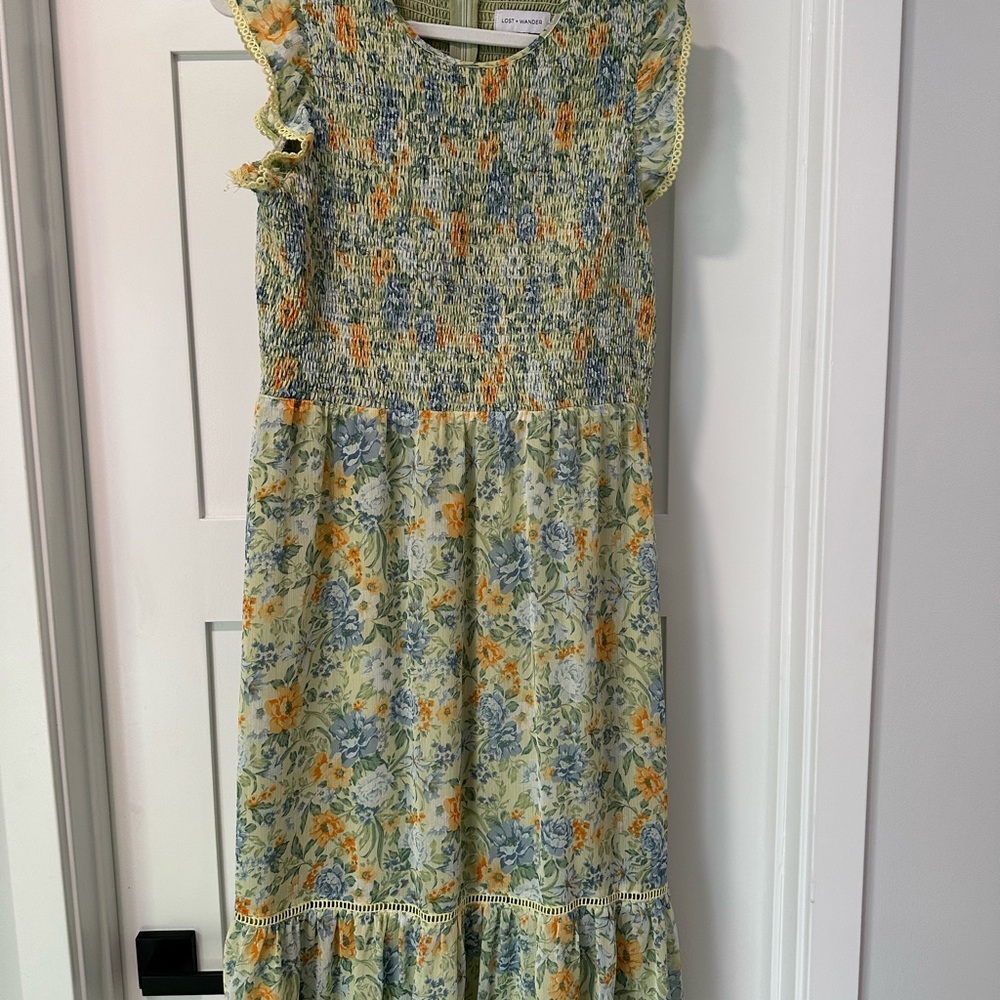 Lost + Wander Floral Midi Dress in Green and Orange